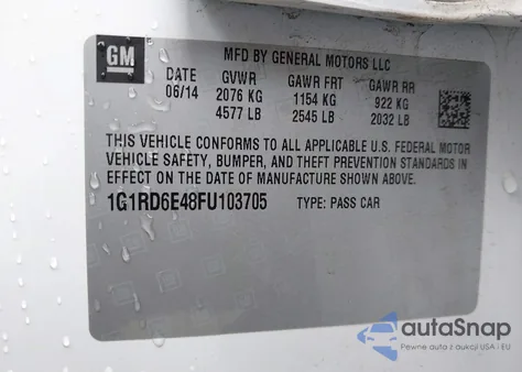 2015 Chevrolet Volt z USA, uszkodzony, nr VIN 1G1RD6E48FU103705